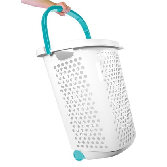 Bushel Rolling Plastic Laundry Hamper with Pop-up Handle, White Brand New - Picture 2 of 6
